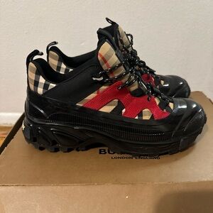Burberry Plaid and Red Sneakers